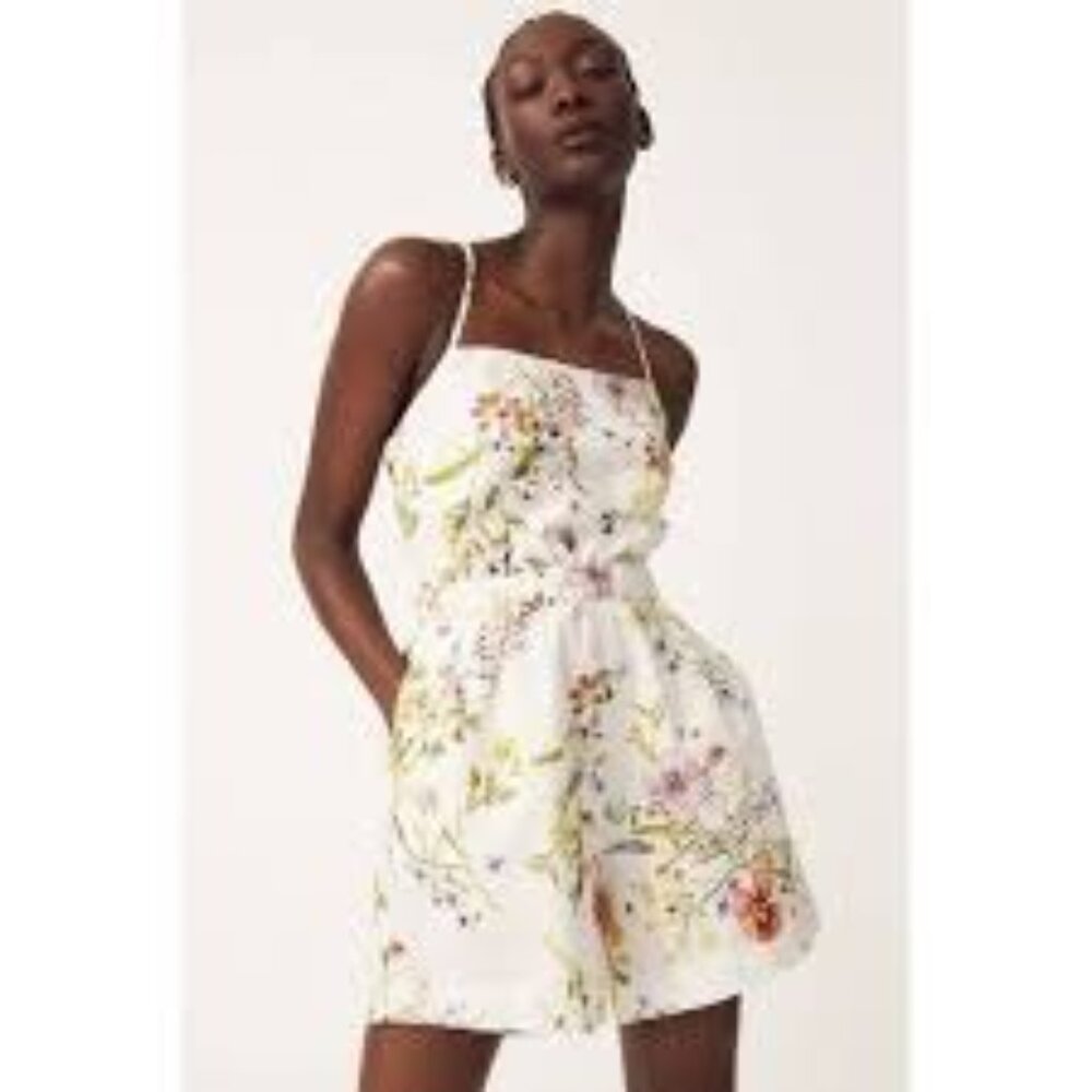H&M linen blend romper XXL floral/laced up back/square neckline/elastic waist